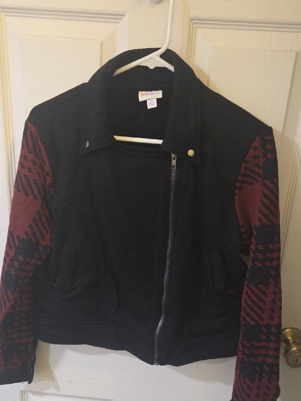 LuLaRoe Moto Jacket with Burgundy Patterned Sleeves